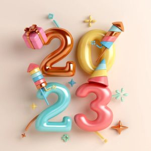 Photo of 3-d numbers "2023" with a new year theme, blue, pink, and gold for Happy New Year A.R.M. action resource management