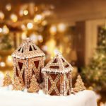 Image of fancy gold covered "gingerbread" house with Christmas lights and Christmas tree in the background for happy holidays A.R.M. blog action resource management