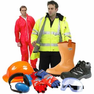 Photo of two men wearing and surrounded by PPE (Personal protective equipment) for electrical work on A.R.M. website for safety tips