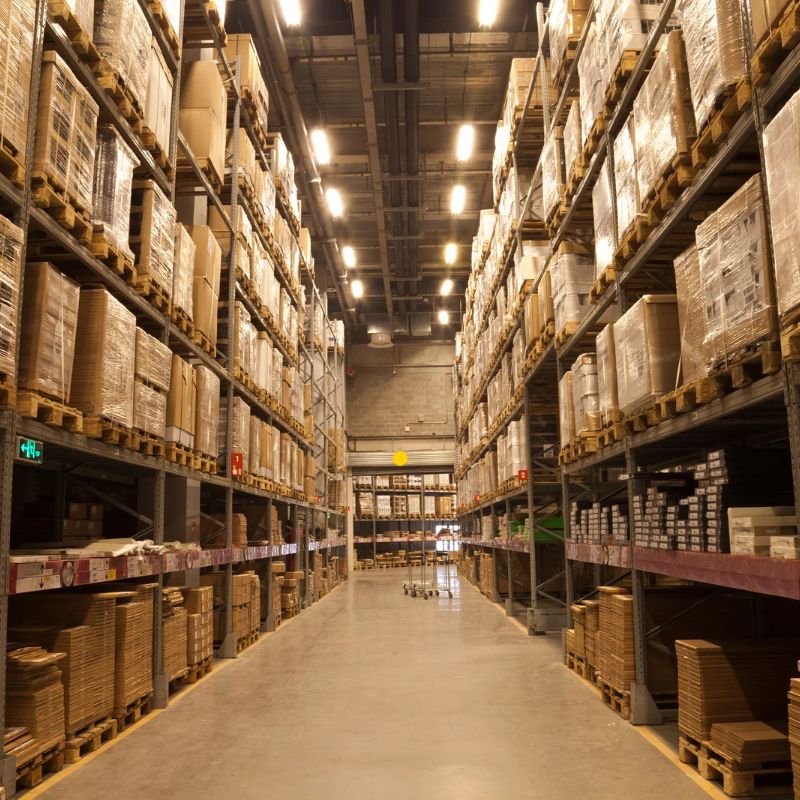 Long image of warehouse between rows OSHA safety A.R.M. action resource management