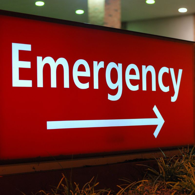 Image of emergency sign with arrow at hospital national burn awareness ARM action resource management