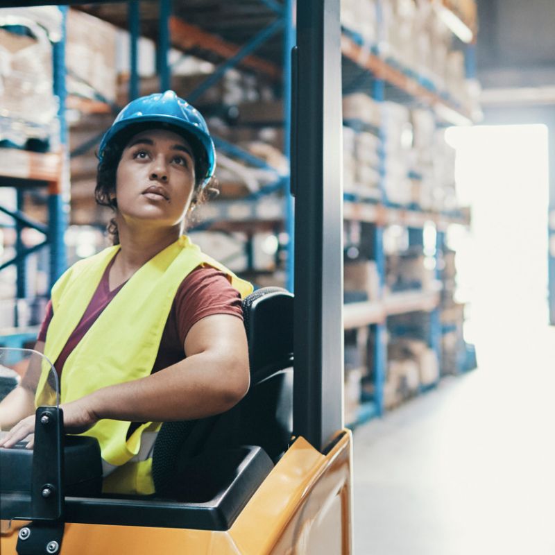 Image of woman forklift operator being watchful A.R.M. action resource management