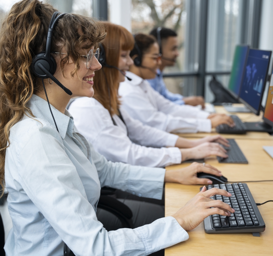 Image of workers in front of computers wearing headsets. Our Services. A.R.M. action resource management