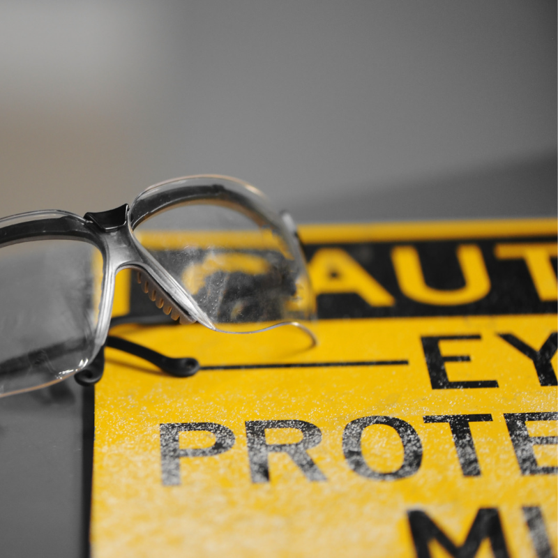 Close-up image of bright yellow sign with black lettering caution, promote eye protection A.R.M. action resource management