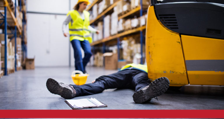 Image of warehouse worker laying on floor after forklift accident with concerned coworker approaching safety tips for warehouse workers A.R.M. action resource management