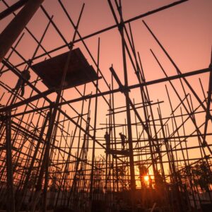 Image of scaffolding against sunset sky A.R.M. action resource management
