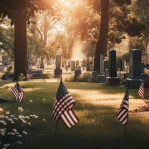 Image of cemetery with American flags on headstones Memorial Day Safety Tips A.R.M. action resource management