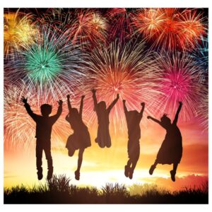 Silhouette of five friends jumping in excitement against a colorful sky of fireworks A.R.M. Action resource management