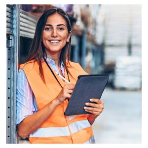 Young warehouse woman worker wearing orange safety vest holding inventory tablet A.R.M. action resource management