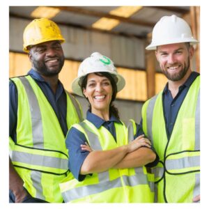 Image of three smiling coworkers, all wearing hard hats and yellow safety vests A.R.M. action resource management