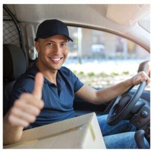 Image of young smiling delivery truck driver with thumbs-up from truck. A.R.M. action resource management