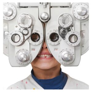 Image shows grinning child behind phoropter or refractor during eye exam. A.R.M. Action Resource Management Children’s Eye Health and Safety