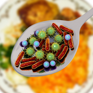 Image of a white spoonful of germs and bacteria (graphics) over a blurry plate of food. National Food Safety Education Month. A.R.M. Action Resource Management