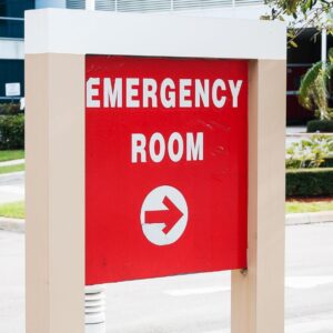 This is an image of a sign "EMERGENCY ROOM" directing visitors. Urgent Care or ER A.R.M. Action Resource Management Safety training, OSHA training
