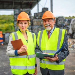This image shows a woman (left) and man (right) in an outdoor work setting, both with long sleeves, safety vests and hard hats. Action Resource Management A.R.M. Safety training