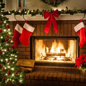 An image of a Christmas tree, fireplace decorated with red and white Christmas stockings and other holiday decor. Holiday fire safety tips