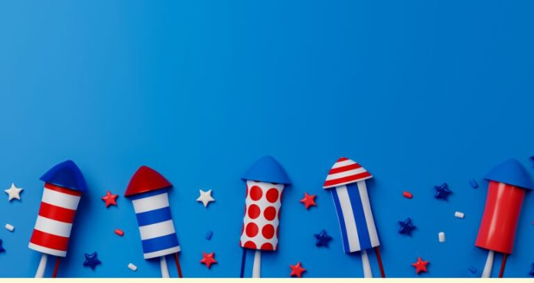 A graphic design on a vivid blue background depicting patriotism or 4th of July or Independence Day in the United States. Firework Safety.