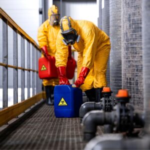 Workers wearing PPE to store chemicals