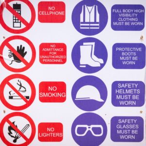 A collection of warehouse safety signs