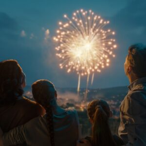 Independence Day Safety - a family seated together on a hill watching fireworks